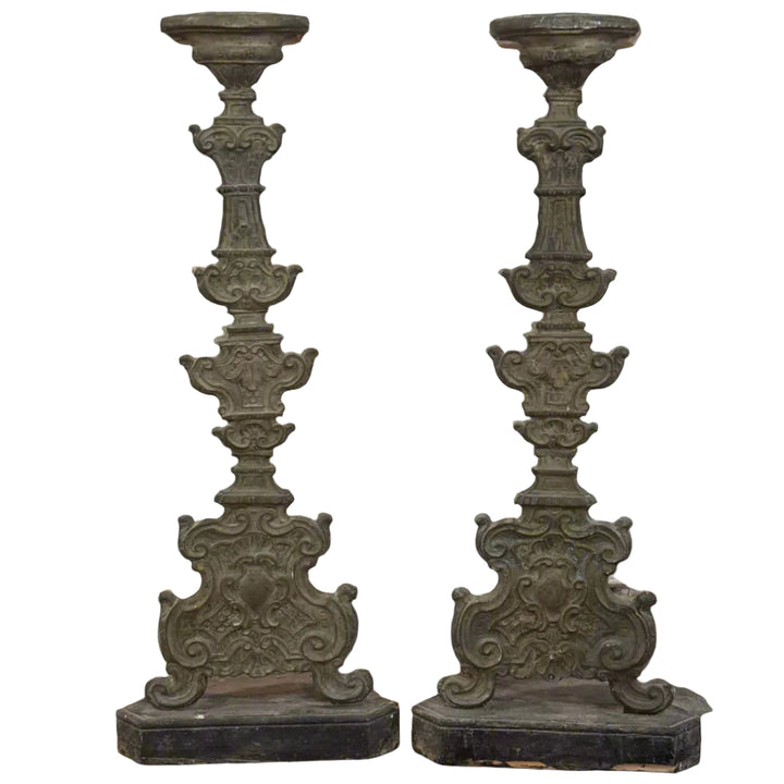 Pair of Antique Italian Candlesticks with Silvered Copper face | Circa 1740