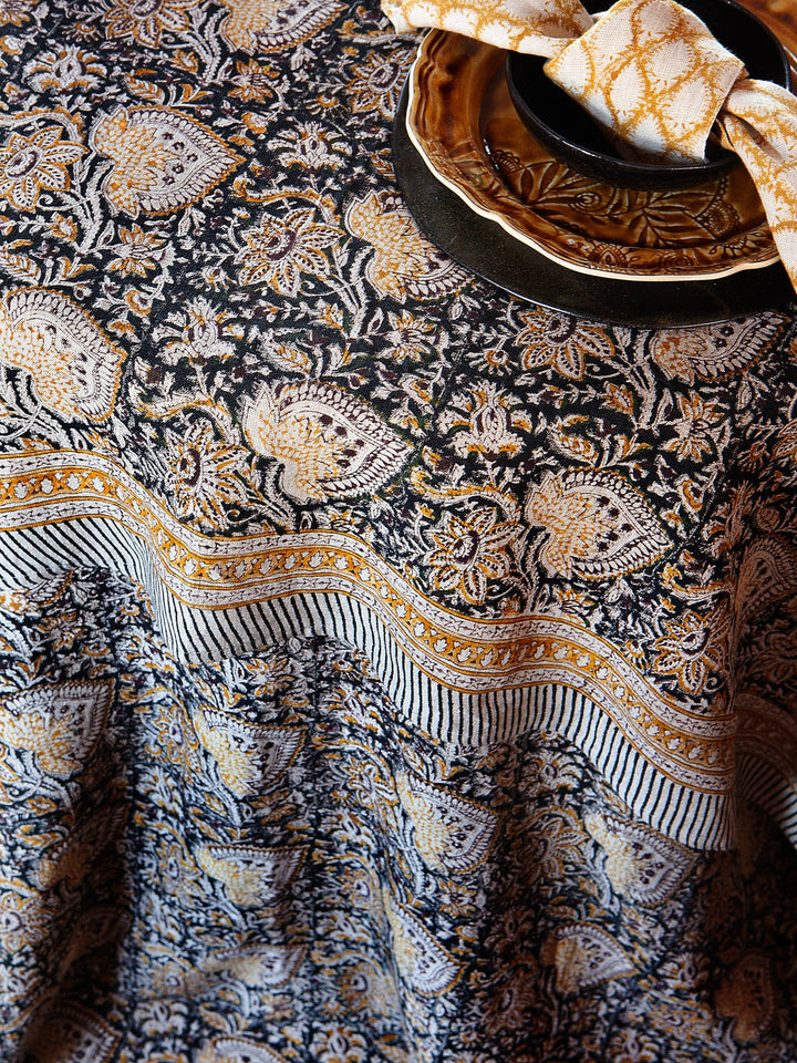 Oriental Black Linen Tablecloth