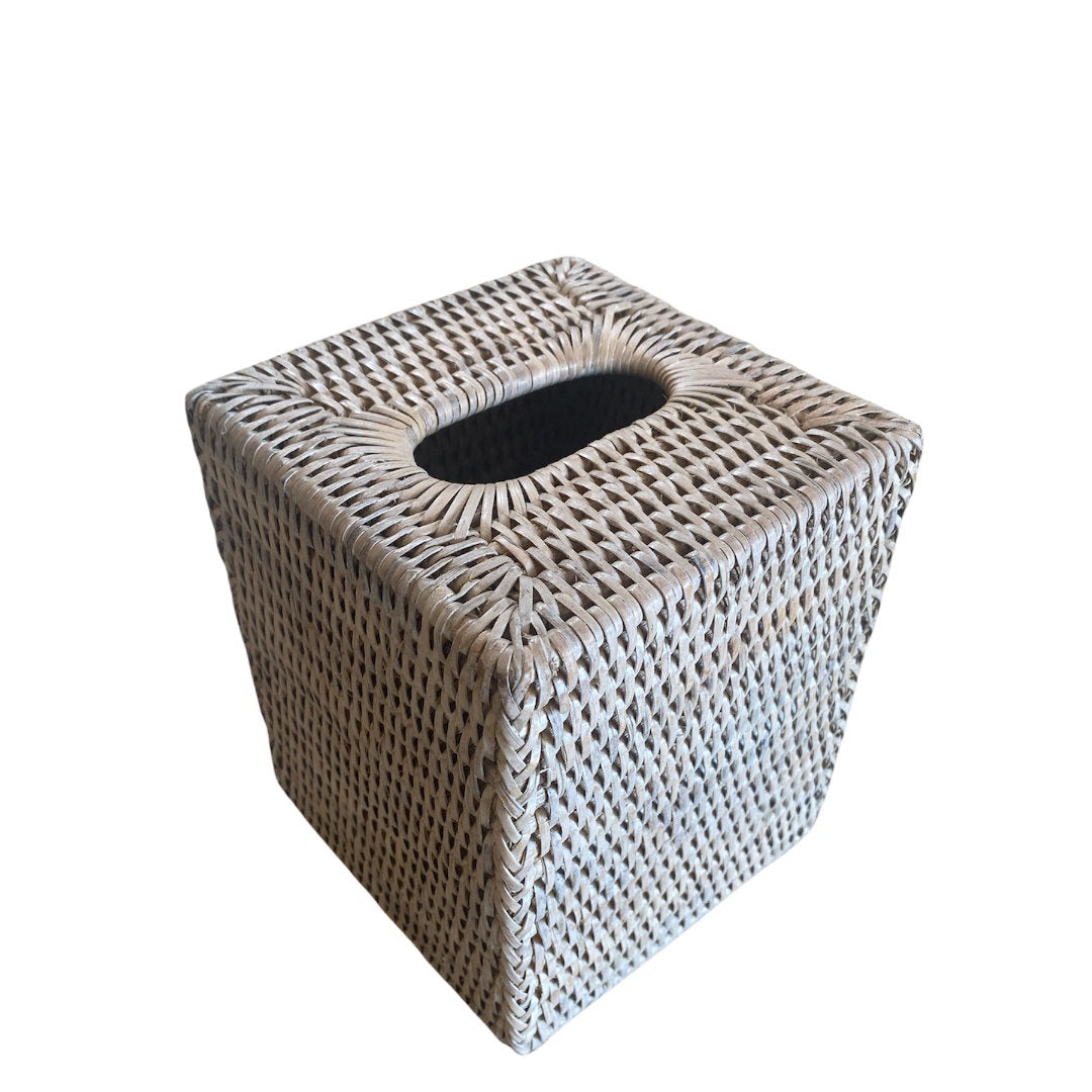 Square Rattan Tissue Box | White Wash