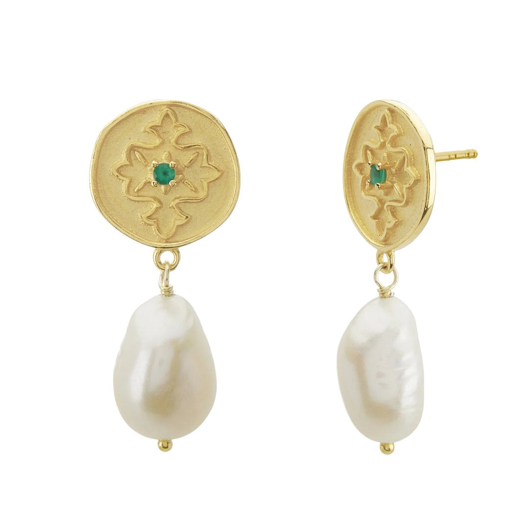 Wandering Soul Green Onyx & Pearl Earrings | 18K Gold Plate