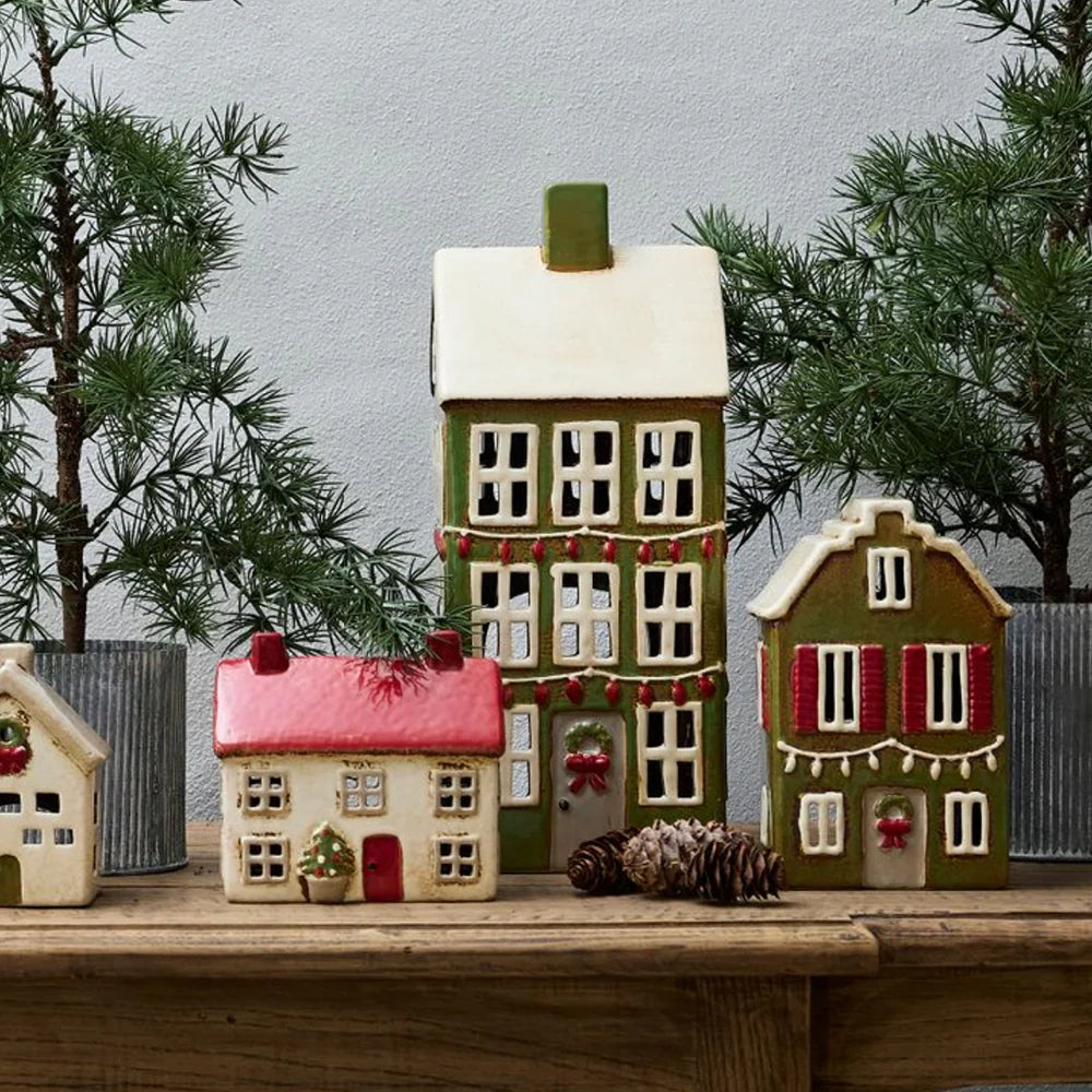 Alsace Tea Light Ceramic House Christmas Green with Shutters