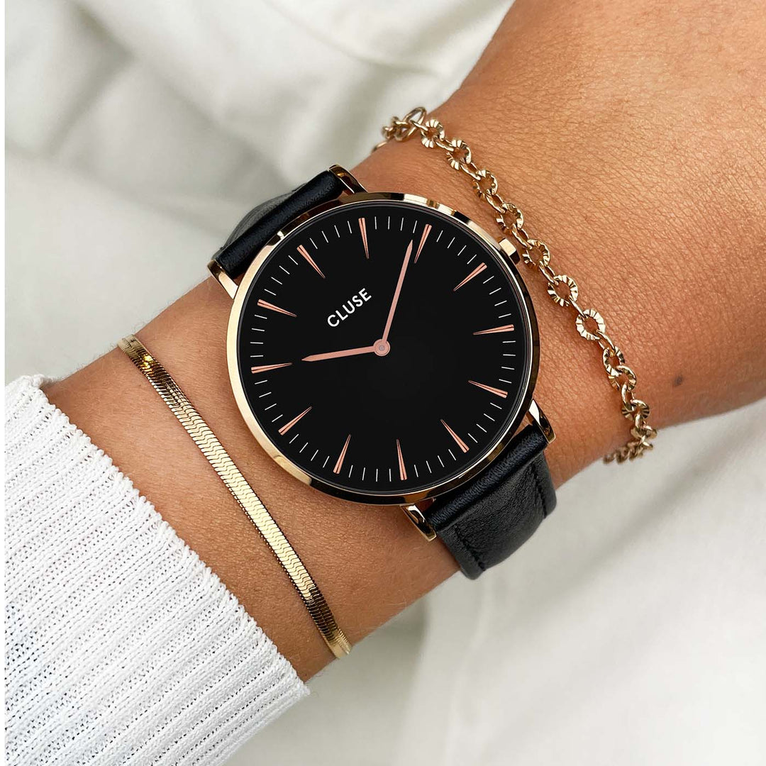 PROMO Cluse | Boho Chic Mesh Watch | Rose Gold Black/Black w BONUS Black Leather Strap