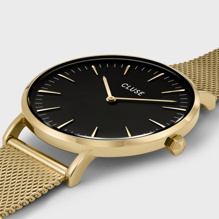 PROMO Cluse | Boho Chic Mesh Watch | Gold/Black w BONUS Black Mesh Strap