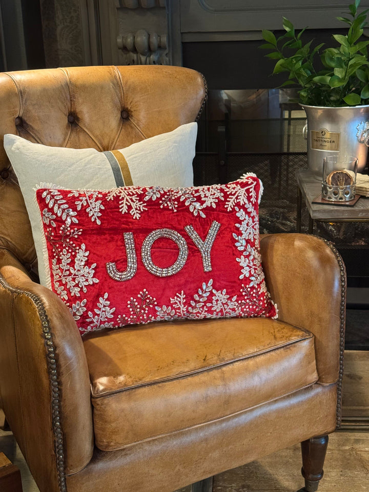 Red Velvet Cushion Cover JOY with Fringing & Beaded Leaves | 40x60cm