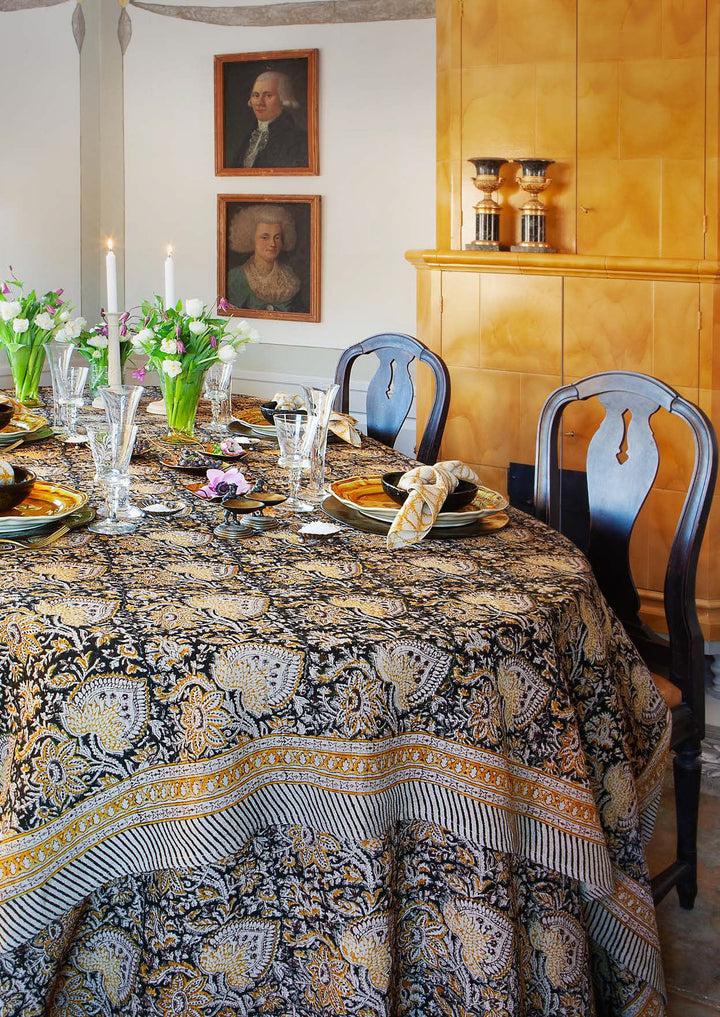 Oriental Black Linen Tablecloth