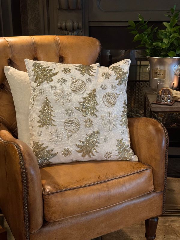 Ivory Velvet Cushion Cover with Gold Trees & Baubles | 50x50cm