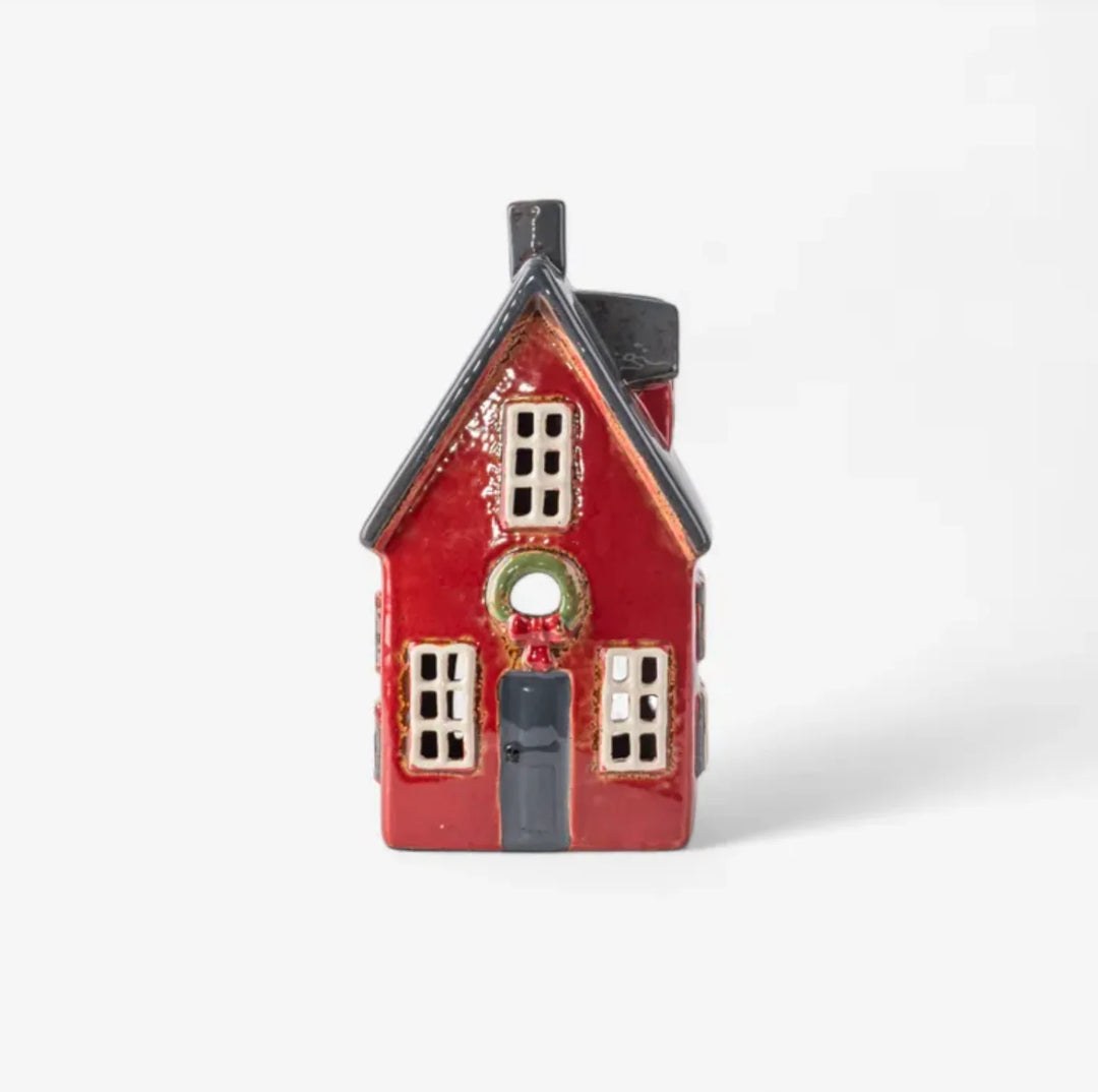 Alsace Tealight Ceramic Cottage | Red with Wreath