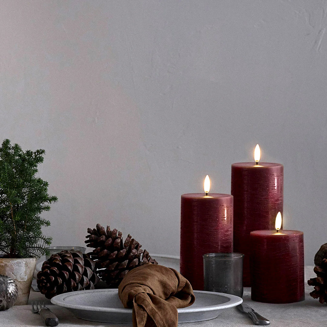 Carmine Red Textured Flameless Pillar Candles | Remote Controllable