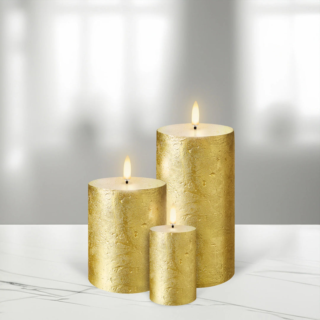 Metallic Gold Textured Flameless Pillar Candles | Remote Controllable