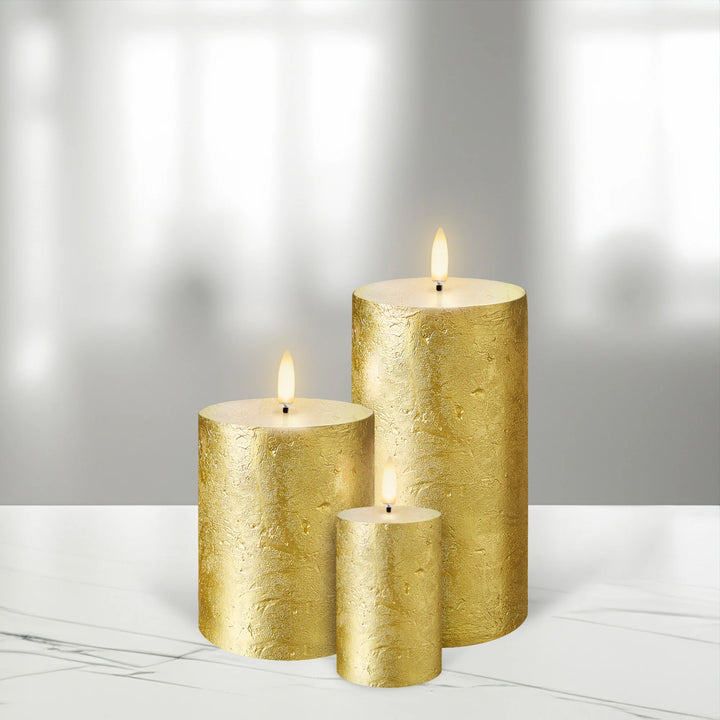 Metallic Gold Textured Flameless Pillar Candles | Remote Controllable