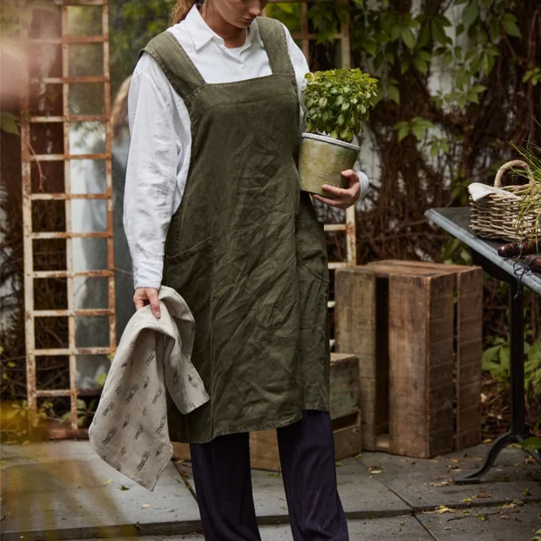 Cross Back Apron | Stonewashed Linen | Army Green