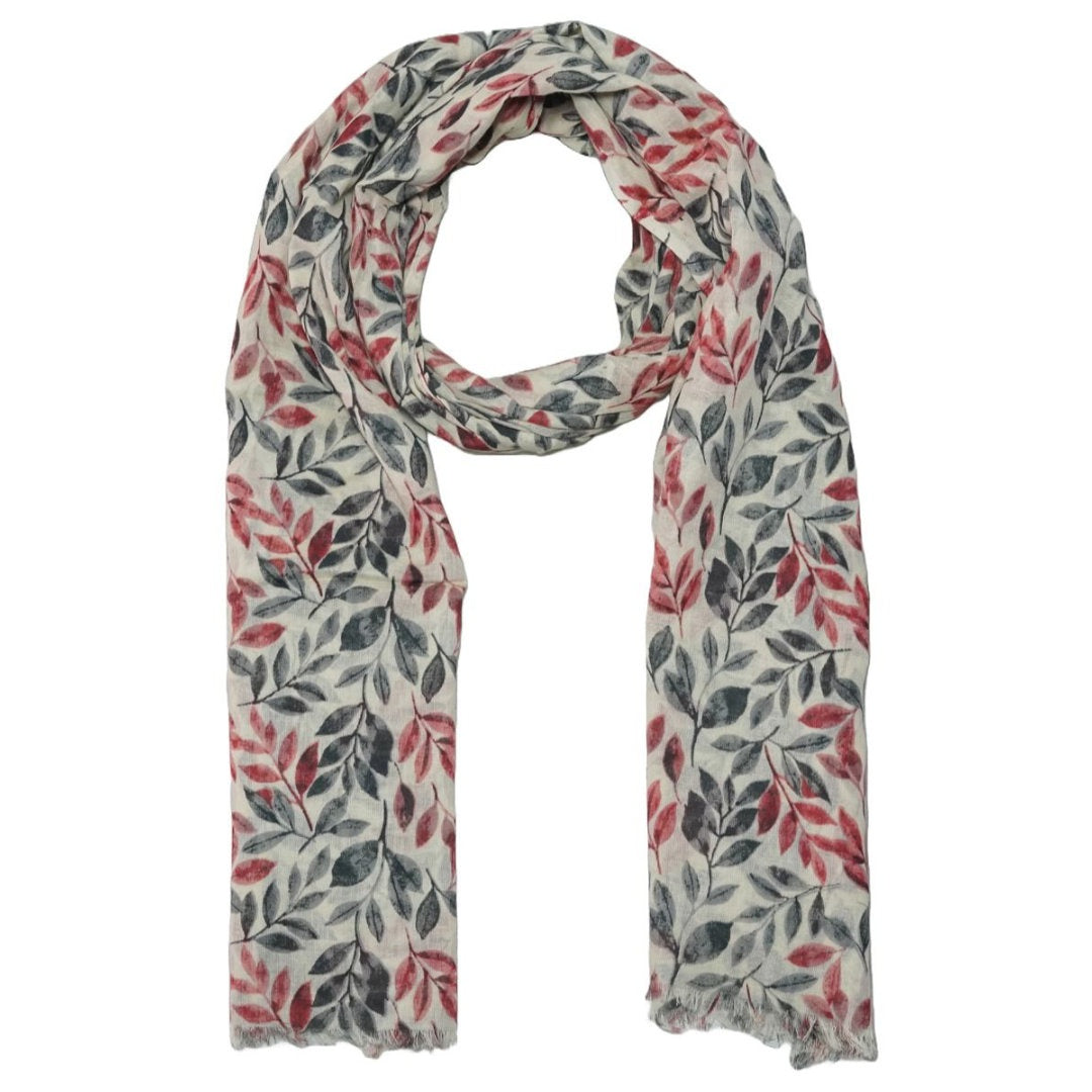 Grey/Coral Leaf Scarf | 4037