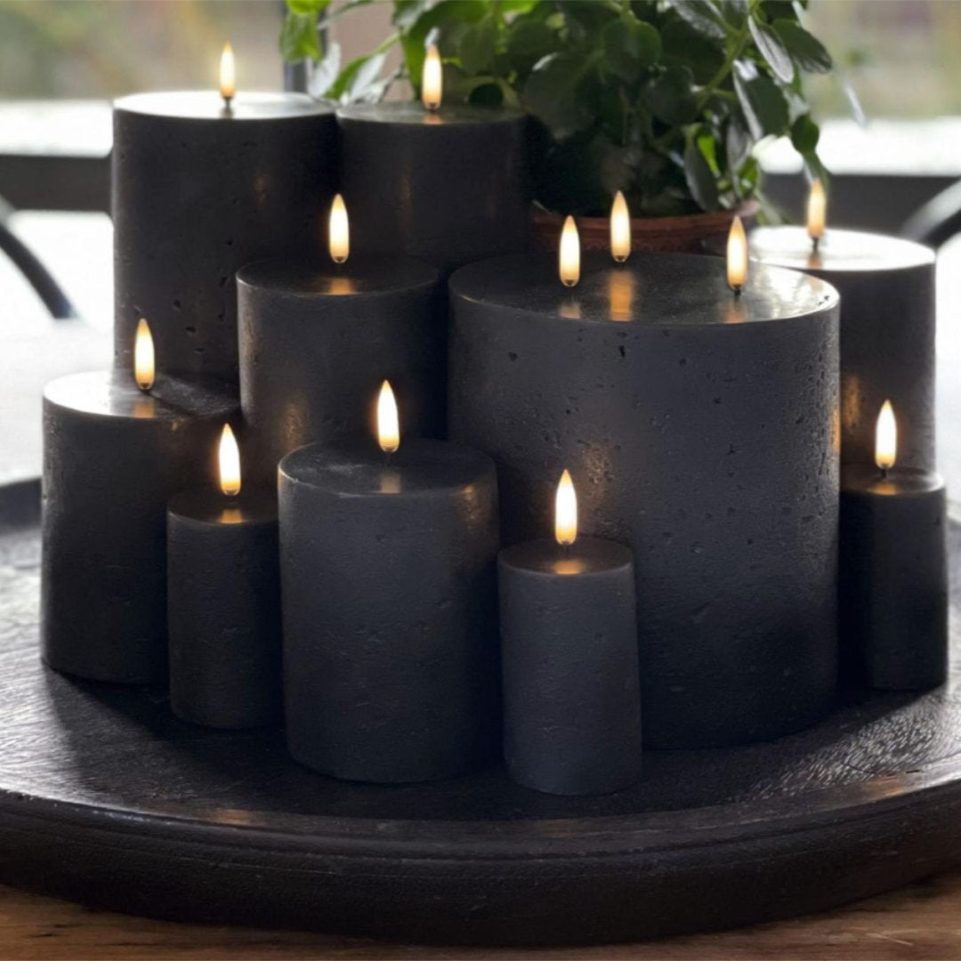Textured Black Flameless Pillar Candles | Remote Controllable