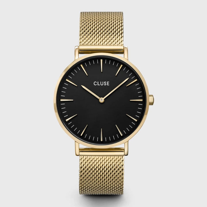 PROMO Cluse | Boho Chic Mesh Watch | Gold/Black w BONUS Black Mesh Strap