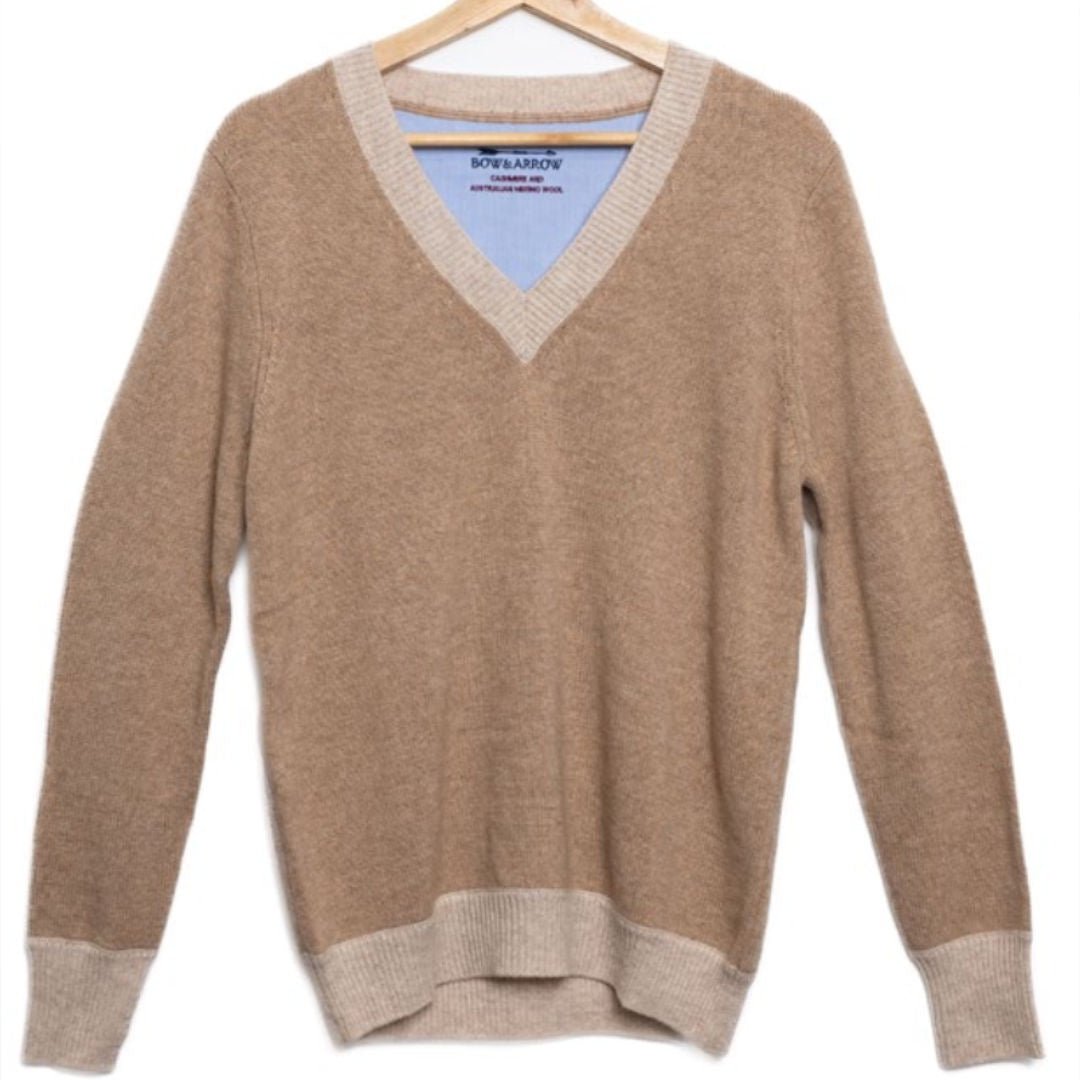 Bow | Ribbed V Neck Jumper | Cashmere Merino | Camel with Oatmeal V - Suzie Anderson Home