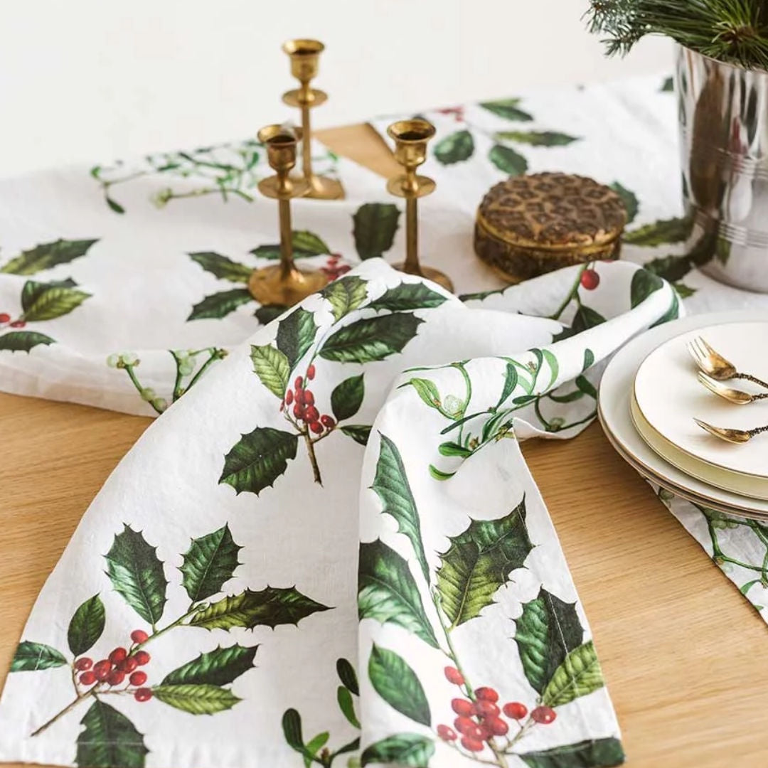 Holly & Mistletoe Linen Table Runner | 48 x 136cm