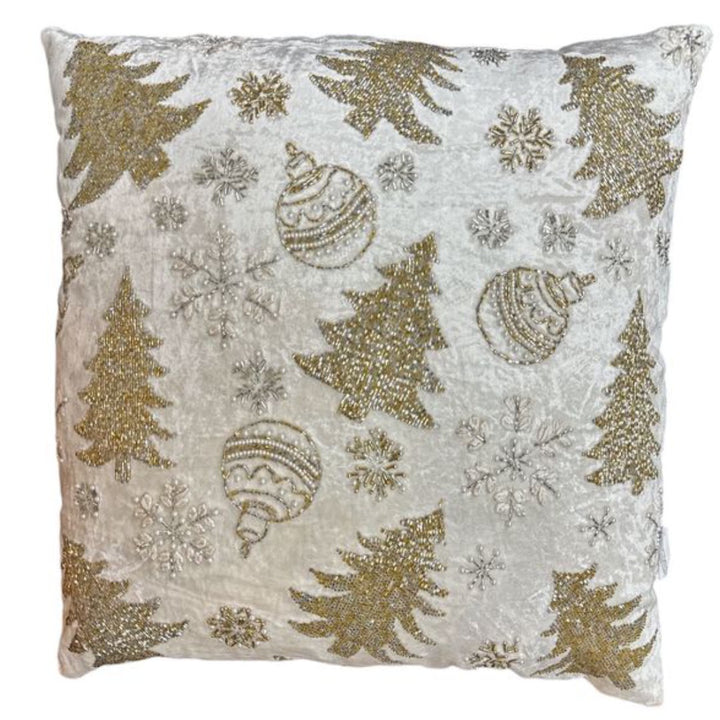 Ivory Velvet Cushion Cover with Gold Trees & Baubles | 50x50cm
