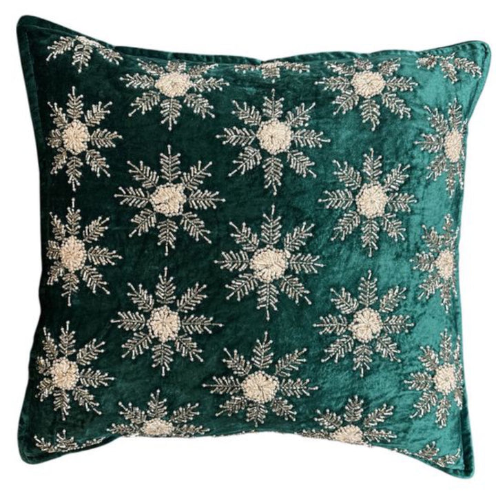 Green Velvet Cushion Cover with Silver Beaded Snowflakes | 50x50cm