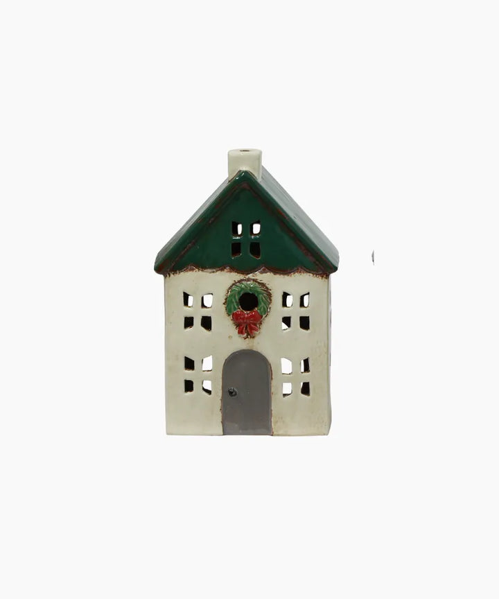 Alsace Tea Light Ceramic House | Green with wreath | Small