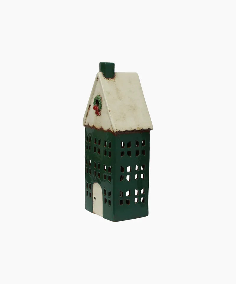 Alsace Tea Light Ceramic House | Green with wreath | Large