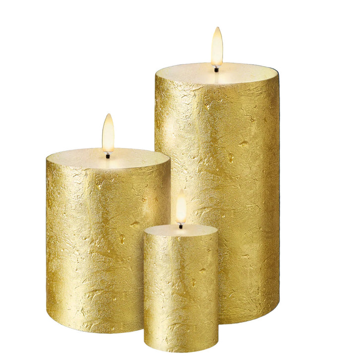 Metallic Gold Textured Flameless Pillar Candles | Remote Controllable