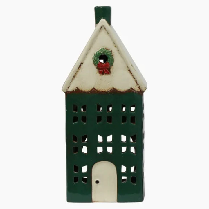 Alsace Tea Light Ceramic House | Green with wreath | Large