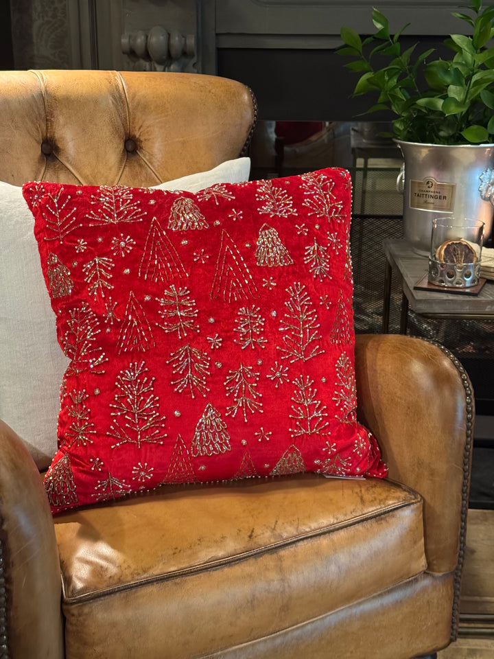 Red Velvet Cushion Cover with Beaded Trees | 50x50cm