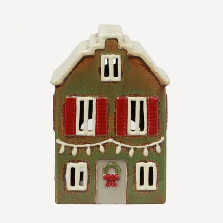 Alsace Tea Light Ceramic House Christmas Green with Shutters