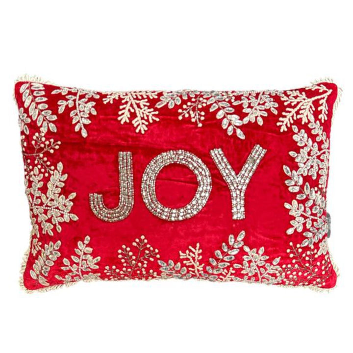 Red Velvet Cushion Cover JOY with Fringing & Beaded Leaves | 40x60cm