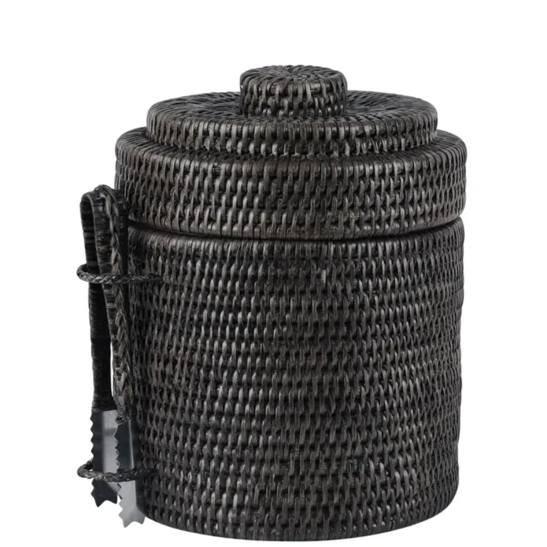 Palma Black Rattan Ice Bucket w Tongs - Suzie Anderson Home