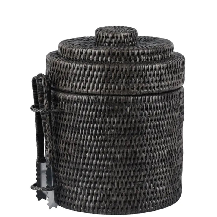 Palma Black Rattan Ice Bucket w Tongs - Suzie Anderson Home