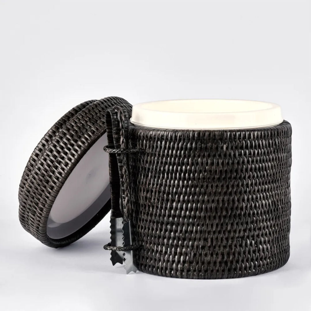 Palma Black Rattan Ice Bucket w Tongs - Suzie Anderson Home