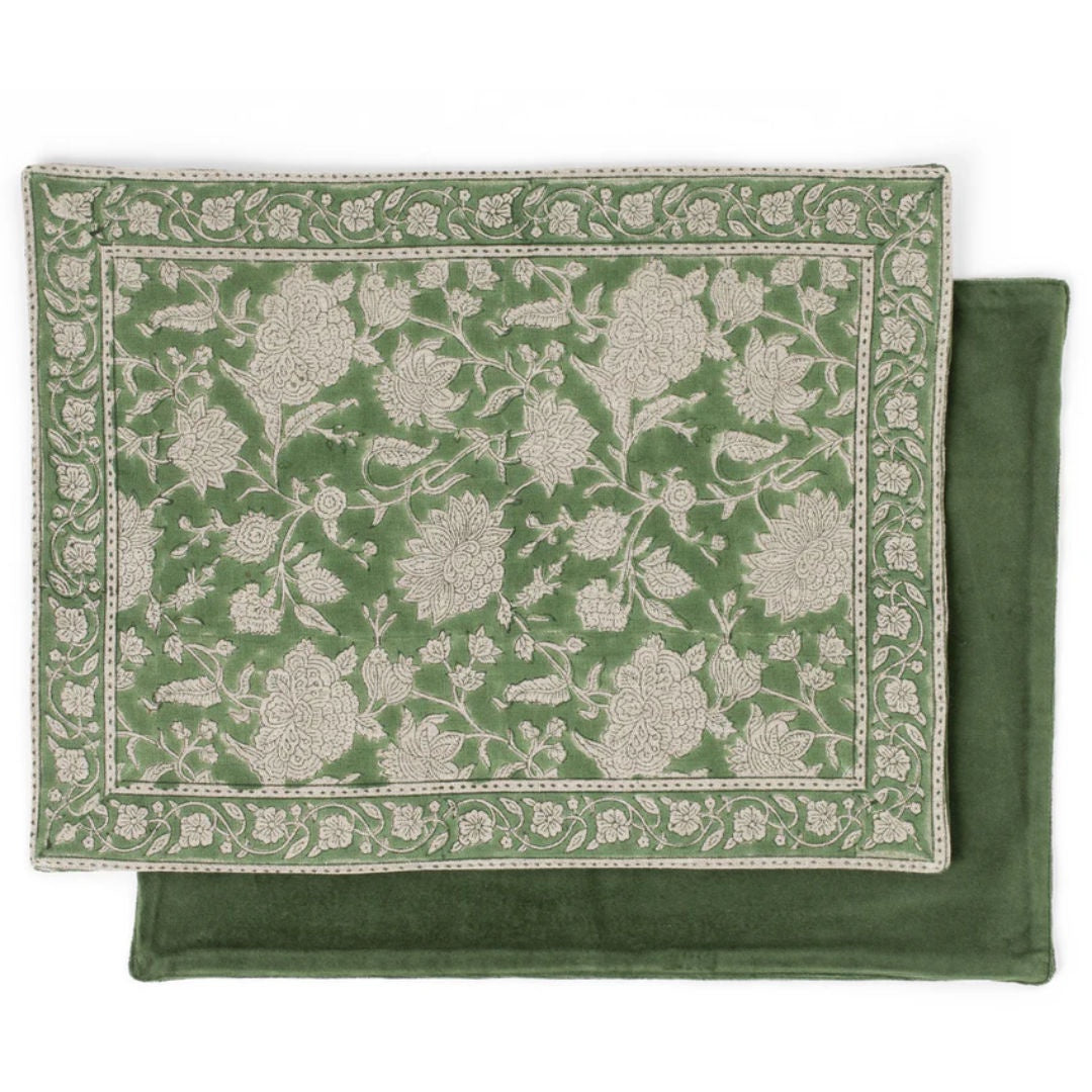 Indian Rose | SET OF 2 | Linen/Cotton Velvet Placemat | Green