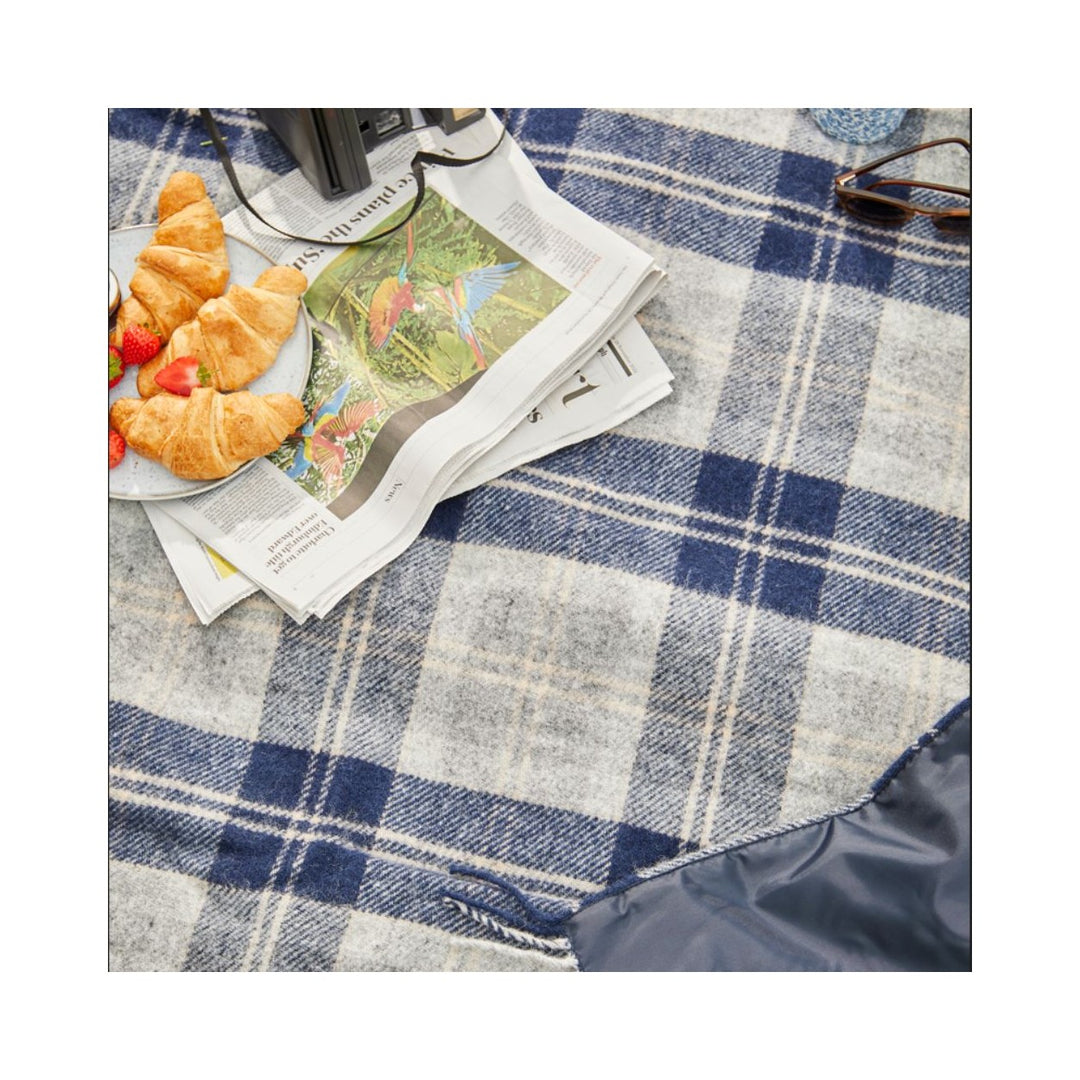 Picnic Rug Woollen with Waterproof Backing & Leather Strap | Check Navy