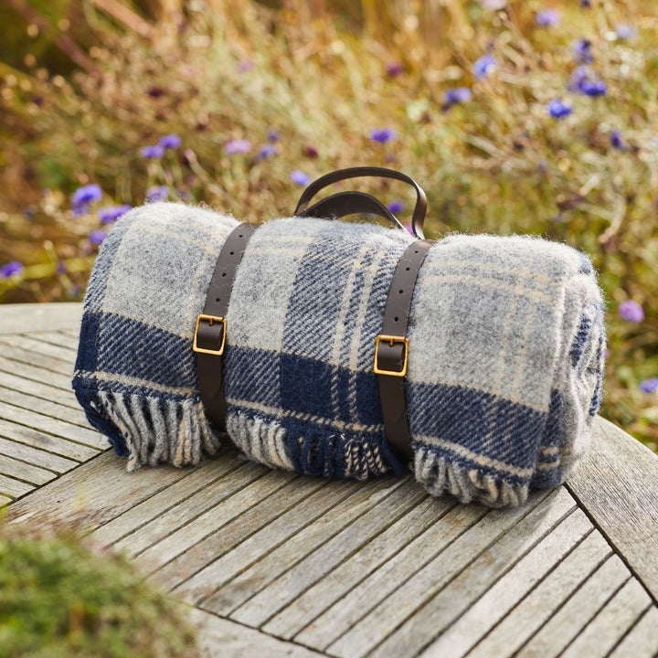 Picnic Rug Woollen with Waterproof Backing & Leather Strap | Check Navy
