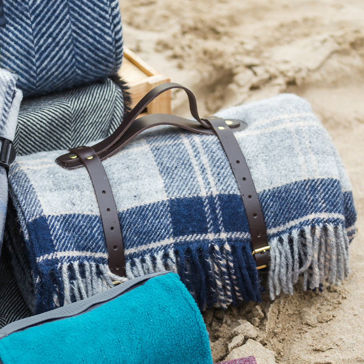Picnic Rug Woollen with Waterproof Backing & Leather Strap | Check Navy