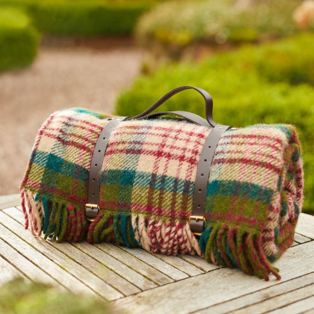 Picnic Rug Woollen with Waterproof Backing & Leather Strap | Thistleberry Wine