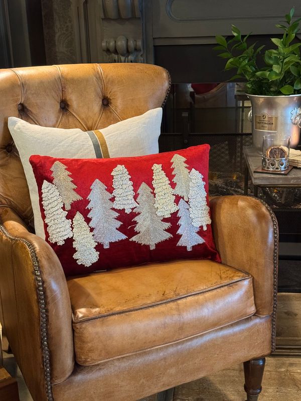 Red Velvet Cushion Cover with Silver & Gold Stitched Trees | 35x60cm