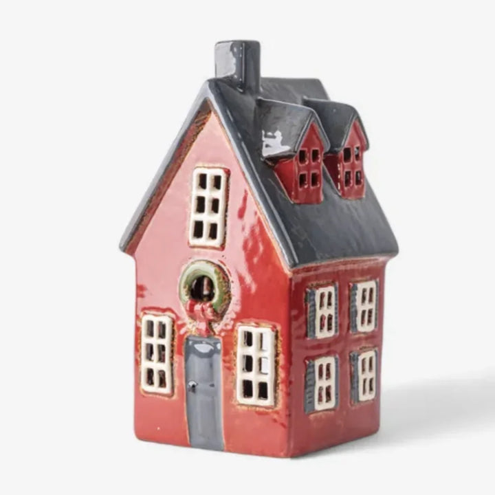 Alsace Tealight Ceramic Cottage | Red with Wreath