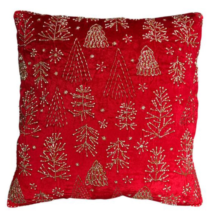 Red Velvet Cushion Cover with Beaded Trees | 50x50cm