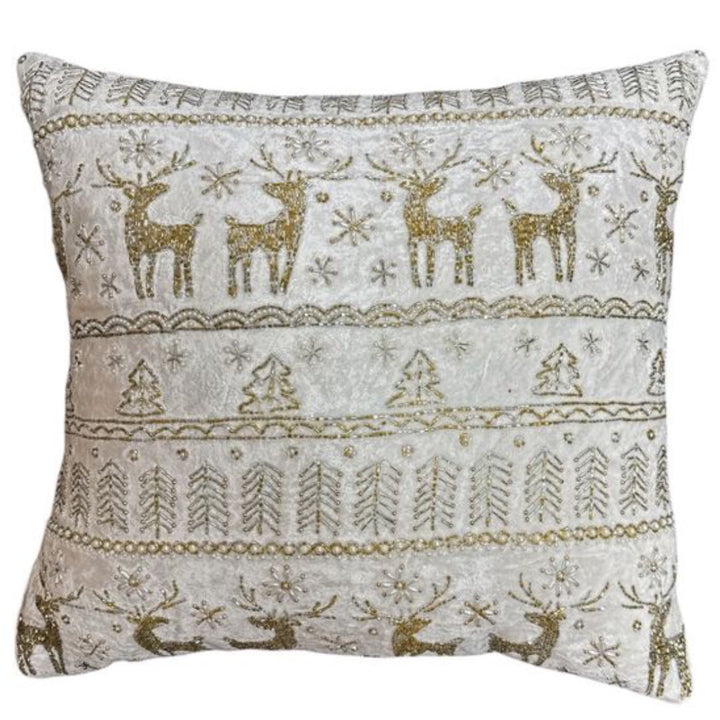 Ivory Velvet Cushion Cover with Gold Reindeer & Trees | 50x50cm
