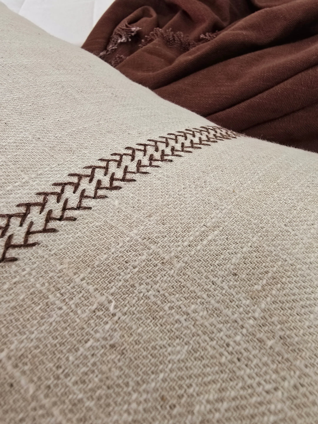 Delilah Herringbone Embroidery Cushion Cover | Natural/Brown | 40x60cm