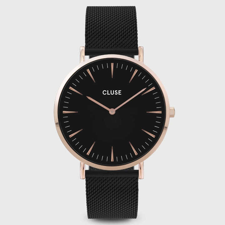 PROMO Cluse | Boho Chic Mesh Watch | Rose Gold Black/Black w BONUS Black Leather Strap