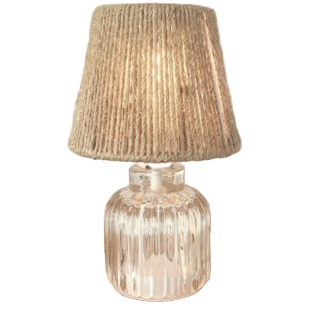 Ribbed Glass Clear Lamp w Roped Shade | 23cmH *Requires Batteries 3x AAA (not included)