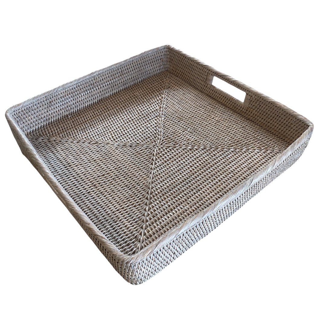 Square Rattan Tray with Inside Handles | White Wash - Suzie Anderson Home