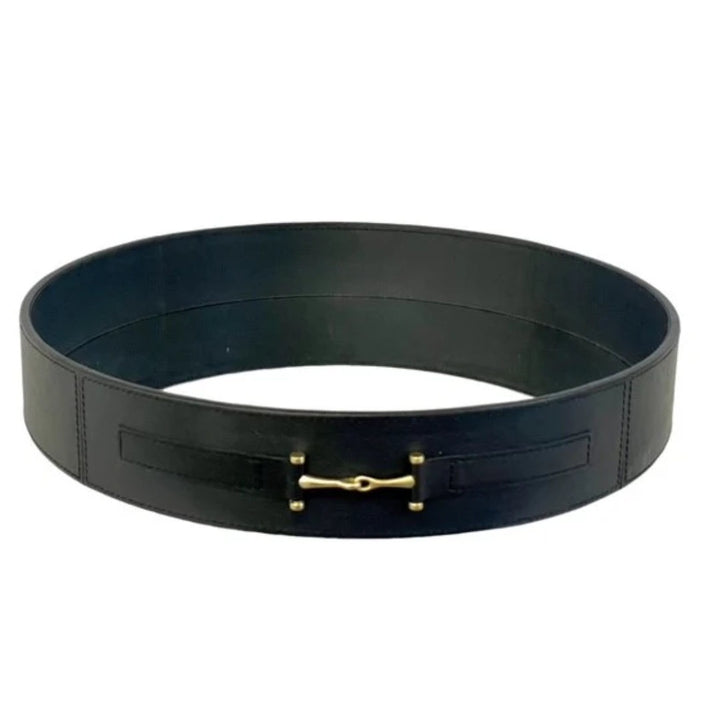 Leather round Tray w Black Gold Buckle | 46cm
