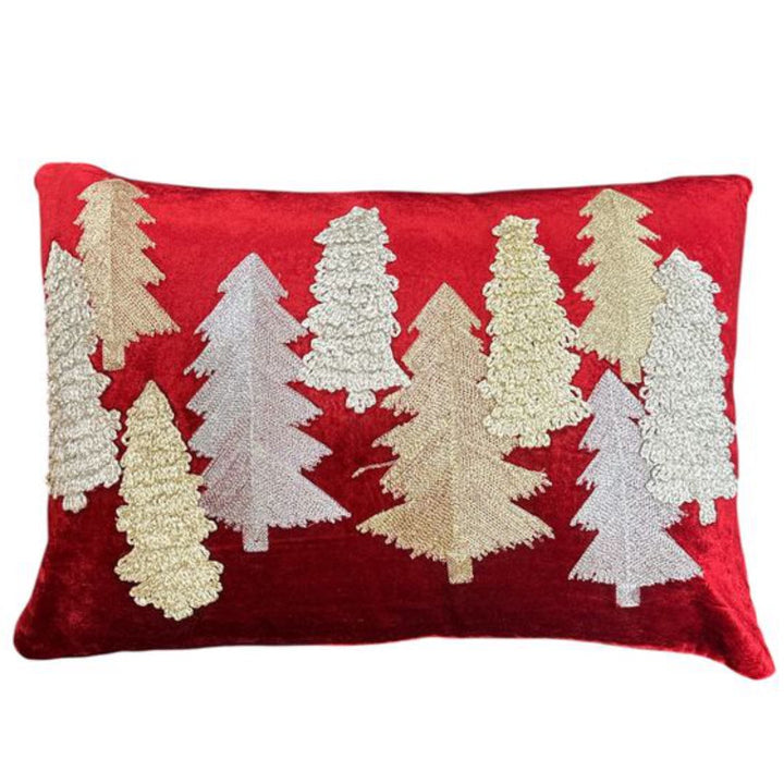 Red Velvet Cushion Cover with Silver & Gold Stitched Trees | 35x60cm
