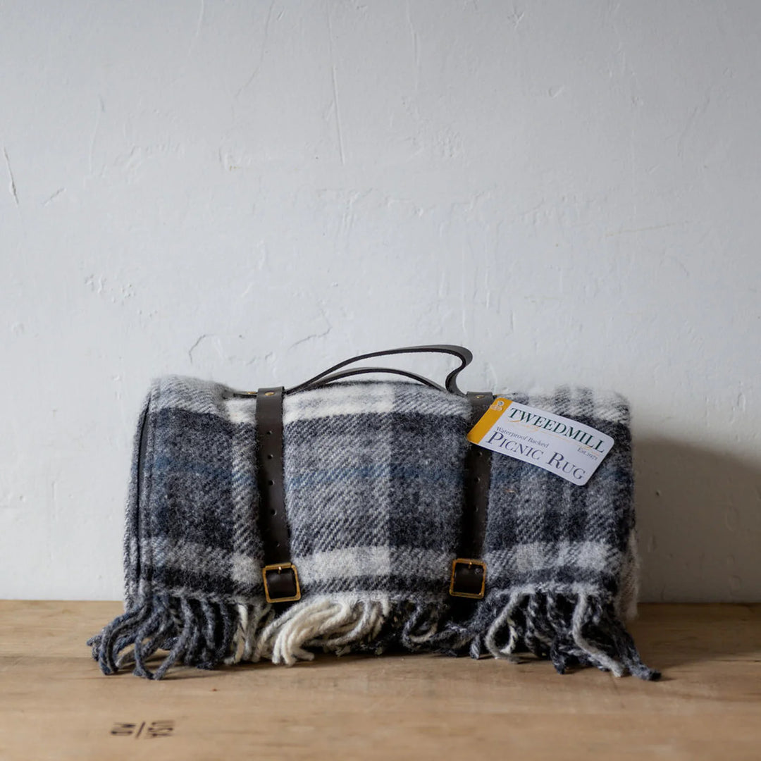 Picnic Rug Woollen with Waterproof Backing & Leather Strap | Check Navy
