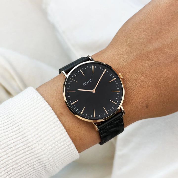PROMO Cluse | Boho Chic Mesh Watch | Rose Gold Black/Black w BONUS Black Leather Strap