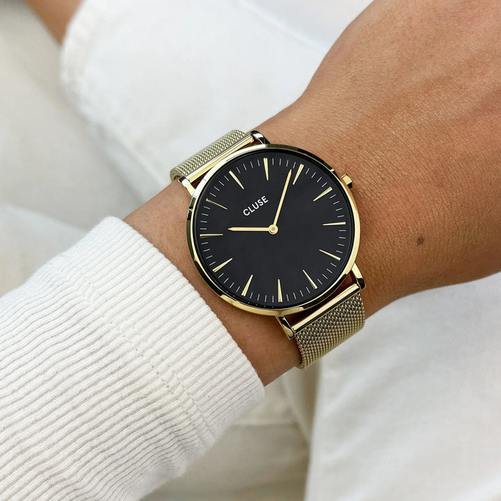 PROMO Cluse | Boho Chic Mesh Watch | Gold/Black w BONUS Black Mesh Strap